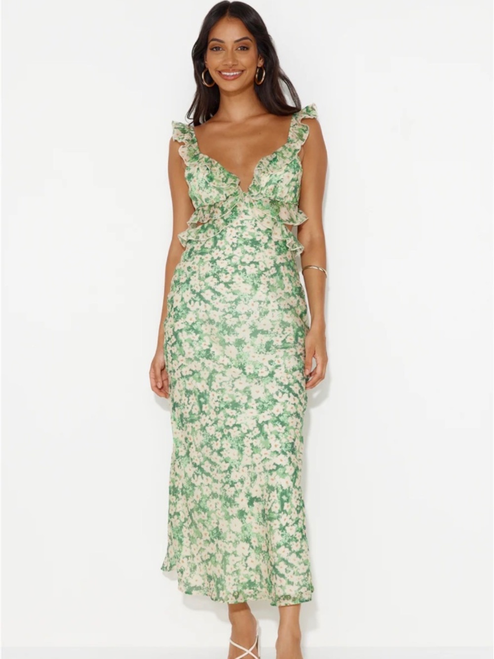 Selfie Leslie Second Chances Ruffle Trim Maxi Dress Flowers Green NWT Size L